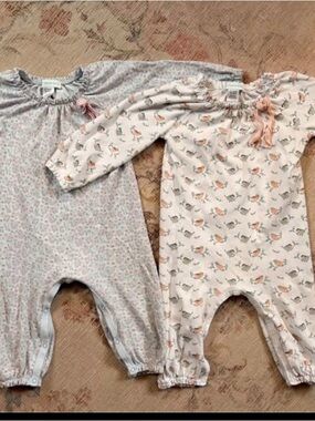 Two Baby Girl Long-Sleeve Cotton Rompers - Floral & Bird Prints